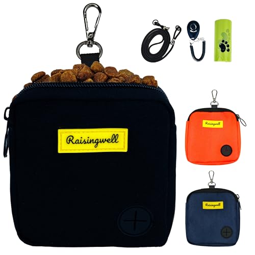Raisingwell Leckerlibeutel Hund mit Clicker und Kotbeutelspender – kompakte Trainingstasche mit Magnetverschluss, waschbar & tragbar (Schwarz) von Raisingwell