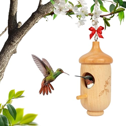 Kolibri-Haus, 1 Kolibri-Haus zum Aufhängen im Freien, natürliches Kolibri-Nest aus Holz mit Baumwolle und rotem Band, Vogelhäuser für Garten, Geschenk, Fenster, Outdoor, Heimdekoration von Rakovar