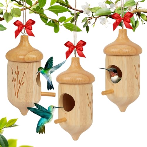 Kolibri-Haus, 3-teiliges Kolibri-Haus zum Aufhängen im Freien, natürliches Kolibri-Nest aus Holz mit Baumwolle und rotem Band, Vogelhäuser für Garten, Geschenk, Fenster, Outdoor, Heimdekoration Kolibri-Haus, 3-teiliges Kolibri-Haus zum Aufhängen im Freien, natürliches Kolibri-Nest aus Holz mit Baumwolle und rotem Band, Vogelhäuser für Garten, Geschenk, Fenster, Outdoor, Heimdekoration von Rakovar