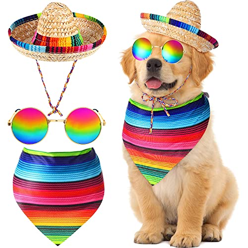 Ramede Mexikanisches Hunde-Kostüm, mehrfarbig, Cinco de Mayo, Hundehalstuch, Dreieck, Lätzchen, mexikanischer Hut, runde Hunde-Sonnenbrille, Kostüm für mexikanische Party-Dekorationen, 3 Stück von ramede