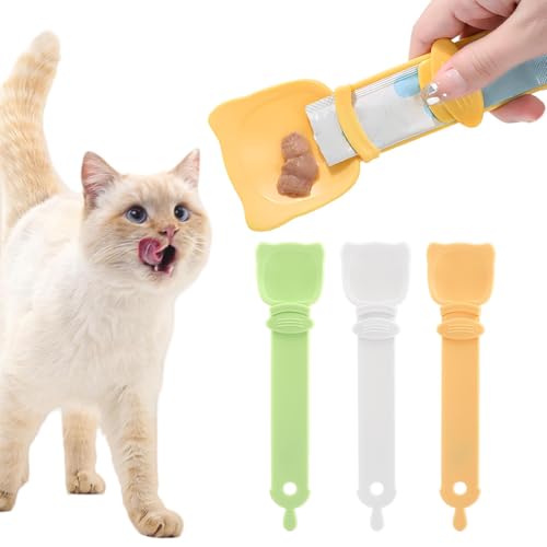 3 x Katzenfutterspender, Streifen-Quetschlöffel, Haustier-Leckerlöffel, Katzenfutterlöffel für Nassfutter, leckbarer Leckerli-Futterspender (3 Farben, Größe: 26,9 cm) von Ranjaner