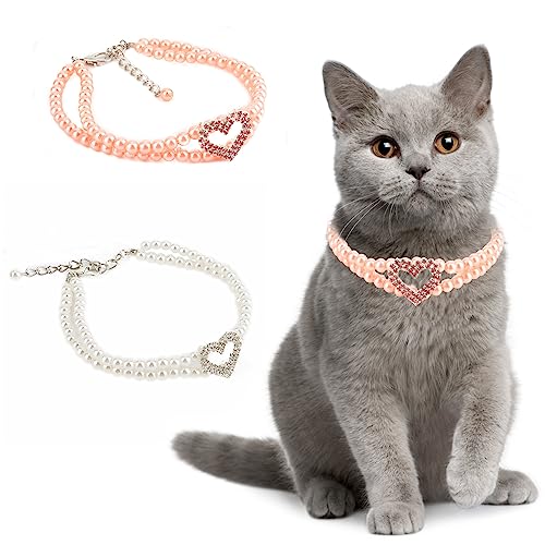 Ranphy 2 Reihen Hund Katze Perle Halskette Halsband mit Kristall Strass Herz Anhänger Charme Haustier Schmuck für Hund Katze Welpen Kätzchen Hochzeit Kleid Zubehör, Rosa, L von Ranphy