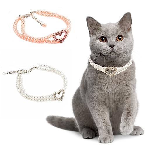 Ranphy 2 Reihen Hund Katze Perle Halskette Halsband mit Kristall Strass Herz Anhänger Charme Haustier Schmuck für Hund Katze Welpen Kätzchen Hochzeit Kleid Zubehör, Weiß, L von Ranphy