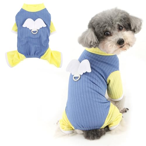 Ranphy Angel Wings Haustier-Pyjama aus Rippstrick für X-Small und kleine Hunde, dehnbarer Welpen-Jumpsuit, Pullover, Shirt mit D-Ring, Yorkie, Chihuahua, Frühling, Sommer, Katzenkleidung, Blau, Größe von Ranphy