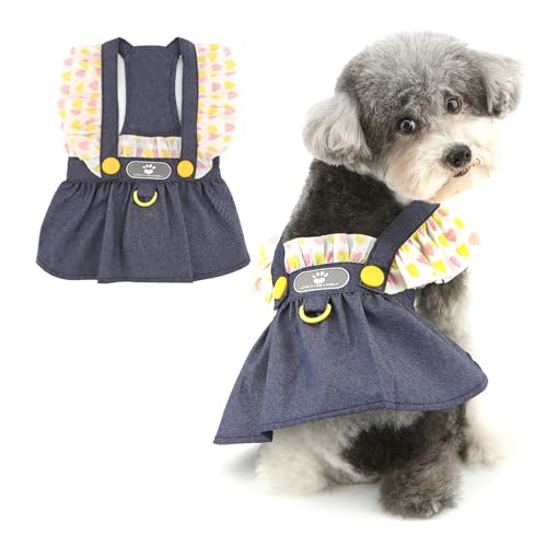 Ranphy Denim-Geschirrkleid mit Herz-Rüschen, Kleid für X-Small und kleine Hunde, niedliches Welpen, Sommerkleid, Trägerrock, Outfits mit Leine, Ring, Yorkie, Chihuahua, Sommer, Hündinnen von Ranphy
