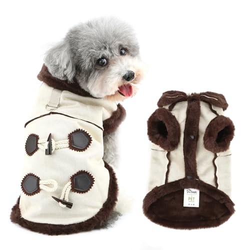 Ranphy Dufflecoat aus Wildlederimitat für kleine Hunde, mit Kunstfell gefüttert, Welpen-Winterjacke mit flauschigem Kragen, winddicht, Yorkie, Chihuahua, kaltes Wetter, Kleidung mit Leine, Ring, von Ranphy