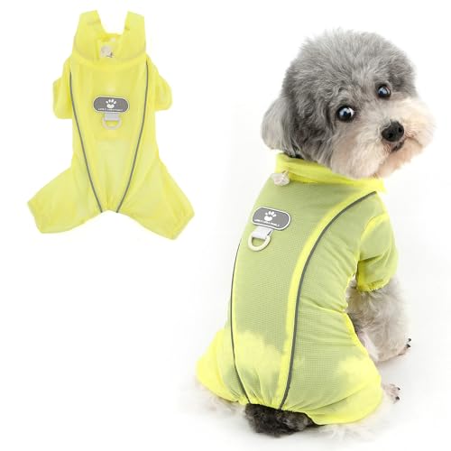Ranphy Durchsichtiger, dünner Haustier-Overall mit UV-Schutz, kühlendes Sonnenshirt mit Leinen-Ring, reflektierend, leicht, Yorkie, Chihuahua, Sommer, Outdoor-Kleidung, Katzenkleidung, Gelb, Größe L von Ranphy