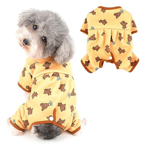 Ranphy Fleece-Hunde-Pyjama mit Bärenaufdruck für kleine Hunde, Katzen, Hunde-Pyjama, Anti-Lecken, warme Welpenkleidung mit 4 Beinen, Welpen, Katze, Overall, leicht, Gelb, Größe XXL von Ranphy