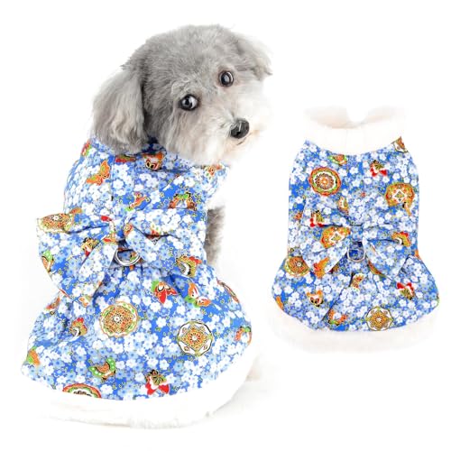 Ranphy Fleece-gefüttertes Haustierkleid für kleine Hunde, Mädchen, Welpenrock mit Schleife und flauschigem Kragen, Hundemantel, für kaltes Wetter, Urlaub, Party, Kostüm mit D-Ring, Chihuahua, Yorkie, von Ranphy