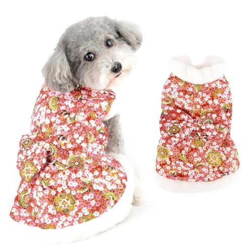 Ranphy Fleece-gefüttertes Haustierkleid für kleine Hunde, Mädchen, Welpenrock mit Schleife und flauschigem Kragen, Hundemantel, für kaltes Wetter, Urlaub, Party, Kostüm mit D-Ring, Chihuahua, Yorkie, von Ranphy