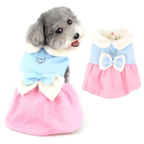 Ranphy Fleece-gefüttertes Haustierkleid für kleine Hunde, Mädchen, Welpenrock mit Schleife und flauschigem Kragen, Welpen, Kaltwettermantel, Urlaub, Party, Kostüm mit D-Ring, Chihuahua, Yorkie, von Ranphy