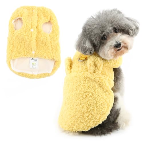 Ranphy Fuzzy Sherpa-Fleeceweste für kleine Hunde mit niedlichen Ohren, Leinenring, Welpen, ärmelloser Pullover, Yorkie, Chihuahua, Herbst und Winter, Katzenkleidung, Gelb, Größe M von Ranphy