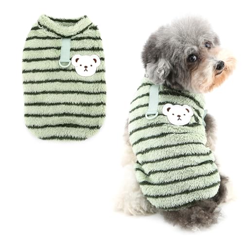 Ranphy Gestreifter flauschiger Sherpa-Fleecepullover für kleine Hunde, Welpen, Thermopullover, ärmellose Weste mit D-Ring, Yorkie, Chihuahua, Herbst und Winter, Katzenkleidung, Grün, Größe M von Ranphy