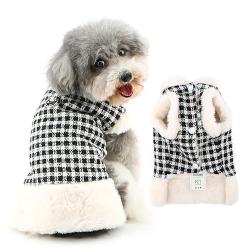 Ranphy Gingham-Tweed, luxuriöser Kunstfellmantel für kleine Hunde, Welpen, Winterjacke, ärmellos, flauschiger Kragen, winddicht, Yorkie, Chihuahua, warme Weihnachtskleidung mit Leine, Ring, von Ranphy