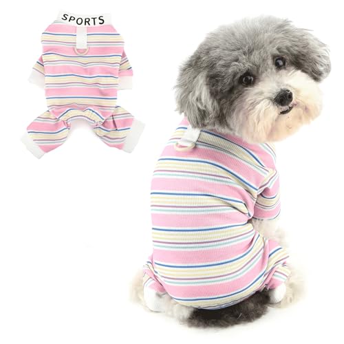 Ranphy Haustier-Strick-Pyjama für XS und kleine Hunde, mehrfarbig, gestreift, dehnbar, mit D-Ring, Yorkie, Chihuahua, Frühling, Sommer, Katzenkleidung, Rosa, Größe XL von Ranphy