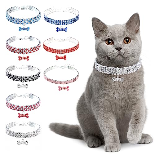 Ranphy Haustierhalsband für kleine Hunde und Katzen mit Strasssteinen verstellbar Kristall Diamant elastische Knochenform Anhänger Hochzeit kleine Haustier Halskette Schmuck, Silber, M von Ranphy