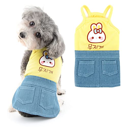 Ranphy Hund Denim Kleid für kleine Hunde Mädchen Niedliche Haustier Kleidung mit Doppeltaschen Cartoon Häschen Druck Welpe Frühling Sommer Sling Katzen Rock, Gelb, XL von Ranphy