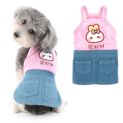 Ranphy Hund Denim Kleid für kleine Hunde Mädchen Niedliche Haustierkleidung mit Doppeltaschen Cartoon Häschen Druck Welpe Frühling Sommer Sling Katzenrock, Rosa, S von Ranphy