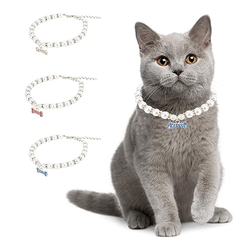 Ranphy Hund Imitation Perle Halskette mit Knochen Anhänger Halsband Haustier Perlen Zubehör mit Bling Strass für kleine Haustier Katze Hochzeit Halsband Schmuck, Blau, L von Ranphy