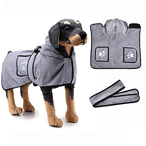Ranphy Hunde-Bademantel mit Kapuze, weicher Haustier-Bademantel mit Doppeltasche und Gürtel, super saugfähig, schnell trocknend, Bademantel Pyjama, klein, mittel, groß, Hund, schnell trocknend, Mantel von Ranphy