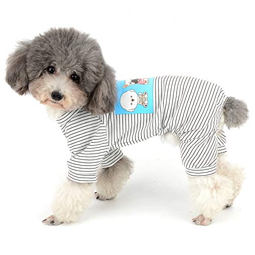 Ranphy Hunde Pyjama Aus Baumwolle Gestreift für Kleine Hunde 4 Beine Welpen Bedruckte Kleidung für Hunde Haustier Overall Cartoon Hoodie Jumpsuit Haustiermantel Hundemantel Schlafanzug von Ranphy