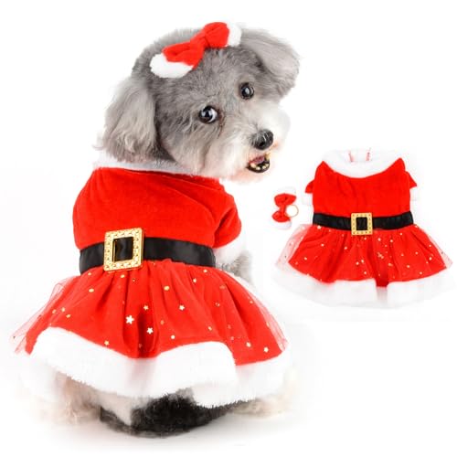 Ranphy Hunde-Weihnachtskostüm, Welpen, Weihnachtsmann, Kleid mit Gürtel, Haustierkleidung, Thermorock mit Haarschleife, Wintermantel, Weihnachten, Urlaub, Party, Kleidung, niedliche Mädchenkleidung von Ranphy