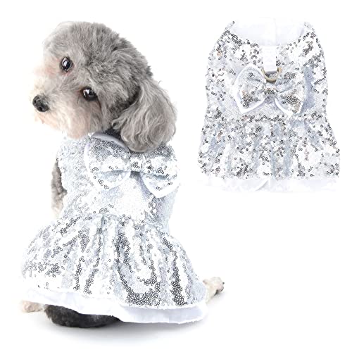 Ranphy Hundekleid für kleine Hunde Mädchen Welpen Ärmellose Kleidung Haustier Niedliche Pailletten Schleife Rock Hund Frühling Sommer Outfit mit D-Ring Katzenbekleidung, Silber, XS von Ranphy