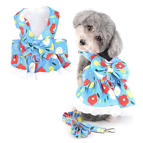 Ranphy Hundekleidung mit Blumendruck für kleine Hunde, Mädchen, Hundegeschirr und Leine, Set, Welpen, niedliche Schleife, Haustier-Outfits mit D-Ring, Katzen-Welpen-Bekleidung, Hellblau, S von Ranphy