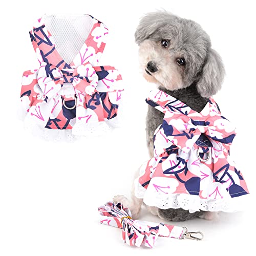Ranphy Hundekleidung mit Blumendruck für kleine Hunde, Mädchen, Hundegeschirr und Leine, Set, Welpen, niedliche Schleife, Rock, Haustier-Outfits mit D-Ring, Katzen-Welpen-Bekleidung, Rosa, XL von Ranphy