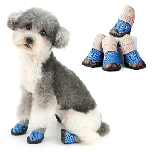 Ranphy Hundeschuhe für heiße Gehwege, weiches Netzgewebe, Sommer-Welpenstiefel, rutschfeste Gummisohle, verstellbar, atmungsaktiv, Outdoor, Spazierengehen, Wandern, Pfotenschutz, 4-teiliges Set, blau Ranphy Hundeschuhe für heiße Gehwege, weiches Netzgewebe, Sommer-Welpenstiefel, rutschfeste Gummisohle, verstellbar, atmungsaktiv, Outdoor, Spazierengehen, Wandern, Pfotenschutz, 4-teiliges Set, blau von Ranphy