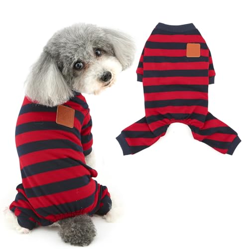 Ranphy Klassischer gestreifter Hunde-Pyjama für kleine Hunde, Haustierpullover, Jumpsuit, Welpen-Einteiler, Bodysuit, Chihuahua, Yorkie, Weihnachtskleidung, Katzenbekleidung, Rot/Schwarz, Größe S Ranphy Klassischer gestreifter Hunde-Pyjama für kleine Hunde, Haustierpullover, Jumpsuit, Welpen-Einteiler, Bodysuit, Chihuahua, Yorkie, Weihnachtskleidung, Katzenbekleidung, Rot/Schwarz, Größe S von Ranphy
