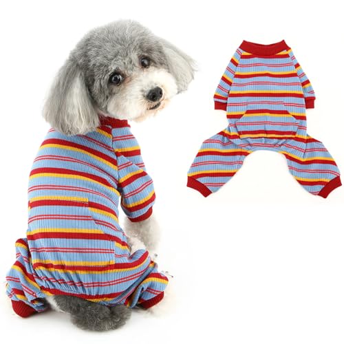 Ranphy Mehrfarbiger gestreifter Hunde-Pyjama für kleine Hunde, gerippter Strick, Welpen-Einteiler, dehnbarer Haustierpullover, Jumpsuit, Chihuahua, Yorkie, Katzenkleidung, Blau/Rot/Gelb, Größe XL Ranphy Mehrfarbiger gestreifter Hunde-Pyjama für kleine Hunde, gerippter Strick, Welpen-Einteiler, dehnbarer Haustierpullover, Jumpsuit, Chihuahua, Yorkie, Katzenkleidung, Blau/Rot/Gelb, Größe XL von Ranphy