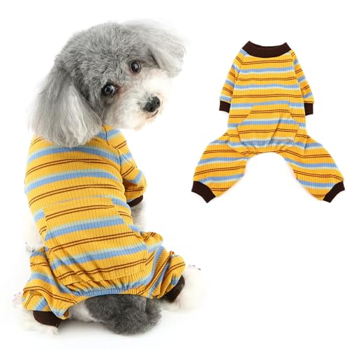 Ranphy Mehrfarbiger gestreifter Hunde-Pyjama für kleine Hunde, gerippter Strick, Welpen-Einteiler, dehnbarer Haustierpullover, Jumpsuit, Chihuahua, Yorkie, Katzenkleidung, Gelb/Blau, Größe XL von Ranphy