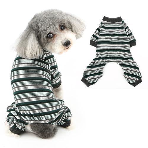 Ranphy Mehrfarbiger gestreifter Hunde-Pyjama für kleine Hunde, gerippter Strick, Welpen-Einteiler, dehnbarer Haustierpullover, Jumpsuit, Chihuahua, Yorkie, Katzenkleidung, Grün, Größe S von Ranphy