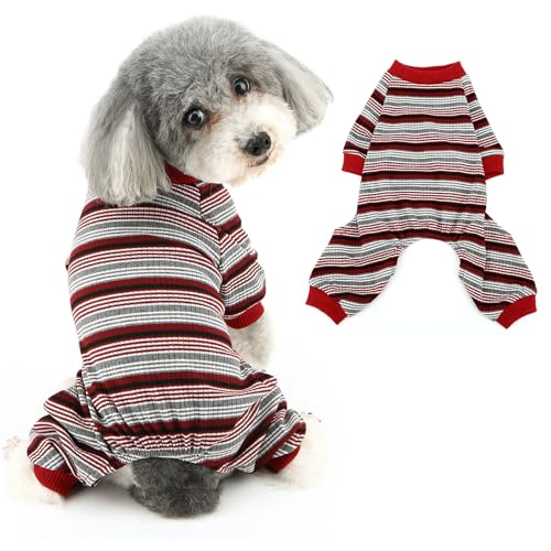Ranphy Mehrfarbiger gestreifter Hunde-Pyjama für kleine Hunde, gerippter Strick, Welpen-Einteiler, dehnbarer Haustierpullover, Jumpsuit, Chihuahua, Yorkie, Katzenkleidung, Rot, Größe L von Ranphy