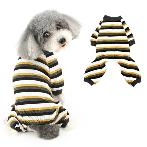 Ranphy Mehrfarbiger gestreifter Hunde-Pyjama für kleine Hunde, gerippter Strick, Welpen-Einteiler, dehnbarer Haustierpullover, Jumpsuit, Chihuahua, Yorkie, Katzenkleidung, Schwarz/Grau/Gelb, Größe L Ranphy Mehrfarbiger gestreifter Hunde-Pyjama für kleine Hunde, gerippter Strick, Welpen-Einteiler, dehnbarer Haustierpullover, Jumpsuit, Chihuahua, Yorkie, Katzenkleidung, Schwarz/Grau/Gelb, Größe L von Ranphy