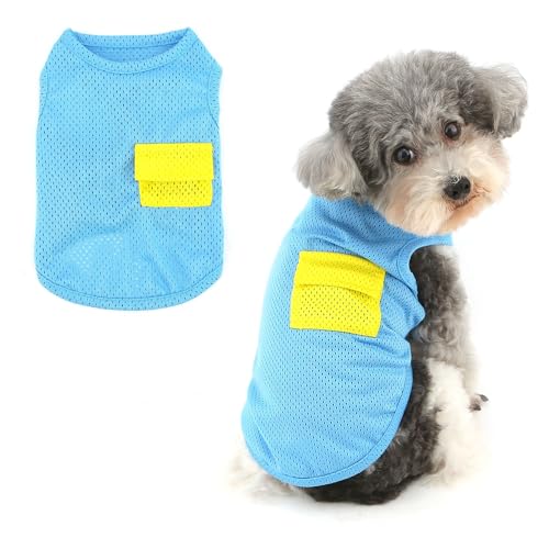 Ranphy Modisches Haustier-T-Shirt aus Netzstoff für XS und kleine Hunde, atmungsaktives Welpen-Tanktop mit Tasche, ärmellose Weste, Yorkie, Chihuahua, Frühling, Sommer, Katzenkleidung, Blau, Größe S von Ranphy