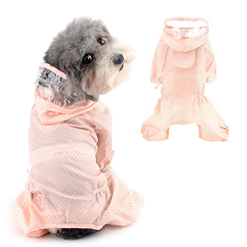 Ranphy Niedlich Welpe Hund Regenmantel Vierbeinig Wasserdicht All-Inclusive mit Haube wasserdichte Regenjacke mit Polka Punkt und Leinenloch Kleine und mittlere Hunde Pet Poncho Kleidung, Rosa, XL von Ranphy