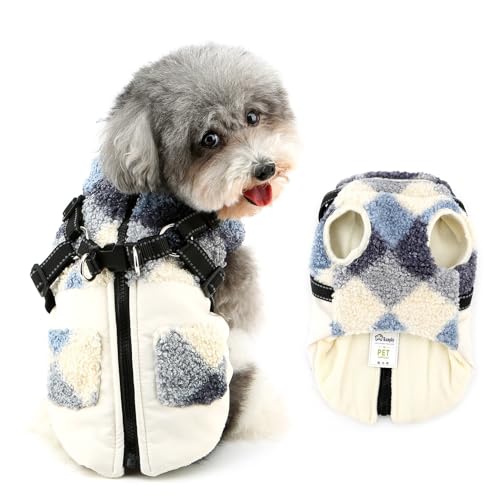 Ranphy Patchwork-Fleece-gefütterte Jacke mit integriertem Geschirr für kleine Hunde, gepolsterter Welpen-Wintermantel, ärmellos, Reißverschluss, winddicht, Yorkie, Chihuahua, warme Kleidung, Ranphy Patchwork-Fleece-gefütterte Jacke mit integriertem Geschirr für kleine Hunde, gepolsterter Welpen-Wintermantel, ärmellos, Reißverschluss, winddicht, Yorkie, Chihuahua, warme Kleidung, von Ranphy
