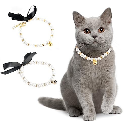 Ranphy Pet Imitation Pearl Necklace with Small Bell Round Beads Collar Pet Fancy Pearls Accessories with Bling Rhinestones for Small Pet Cat Wedding Collar Jewelry, Gold, L von Ranphy