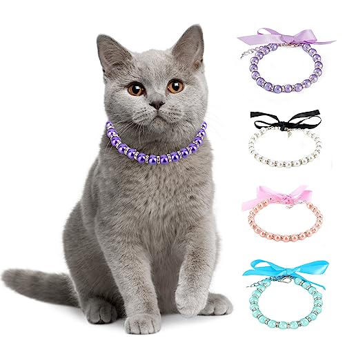 Ranphy Pet Pearl Necklace for Small Dogs and Cats Adjustable Pet Fancy Pearls Jewelry Bling Rhinestones Collar with Bowtie Chihuahua York Girl Clothing Wedding Dress Accessories, Purple, M von Ranphy