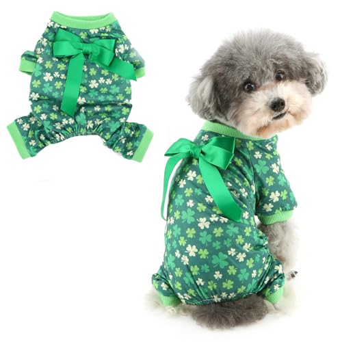 Ranphy Pet St. Patrick's Clothes Jumpsuit für kleine Hunde mit Schleife, Welpen, Pyjama, Pyjama, Yorkie, Chihuahua, Festival, Party, Cosplay, Katzenkleidung, grünes Kleeblatt, Größe L von Ranphy