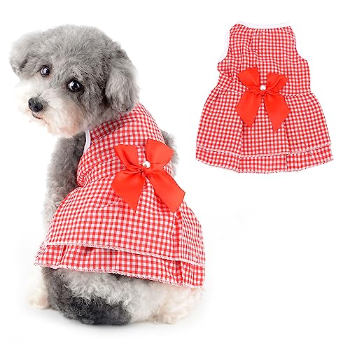 Ranphy Prinzessinnen Hundekleider für kleine Hundemädchen Sommer kariert WelpenOutfit mit Fliege weibliche Katze Tutu Rock Yorkie Chihuahua Haustierkleidung, Rot, XL von Ranphy