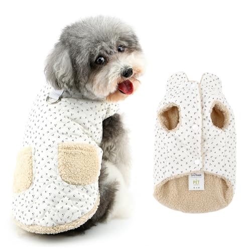Ranphy Steppjacke mit Blumenmuster für kleine Hunde, gepolstert, für Welpen, Wintermantel, ärmellose Taschen, winddicht, Yorkie, Chihuahua, warme Kleidung mit Leine, Ring, Katzenkleidung, Weiß, Größe von Ranphy