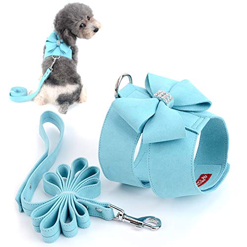 Ranphy Wildleder Hundegeschirr mit Bling Strass No Pull Geschirr mit Bowknot Weiche Haustier Weste mit Leine Set Verstellbar für Kleine Hunde für Spazierengehen Training Wandern Blau Größe L von Ranphy