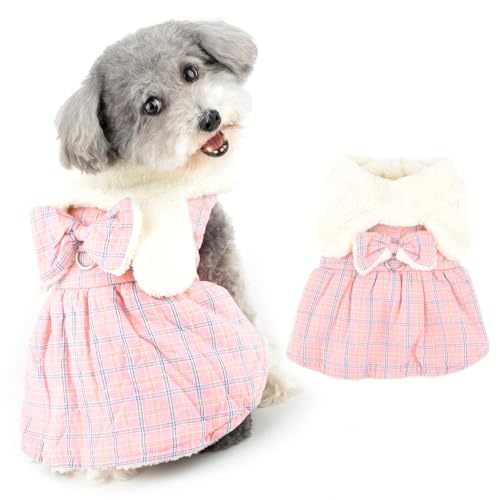 Ranphy Winter-Fleece-Hundekleid für kleine Hunde, Mädchen, britisches Karomuster, Welpenrock, Schleife, Welpenmantel mit D-Ring und Hasenohren, kaltes Wetter, Haustierkleidung, Yorkie, Chihuahua, von Ranphy