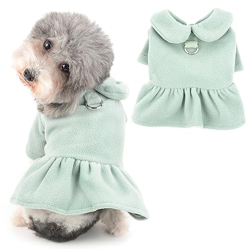 Ranphy Winter-Hundegeschirr, Kleid für kleine Hunde, Mädchen, Polarfleece, Welpenpullover mit D-Ring, warmes Puppenkragen, Haustierkleidung, Outfits, Katzenrock, Mantel für Chihuahua, Yorkie, Grün, M von Ranphy