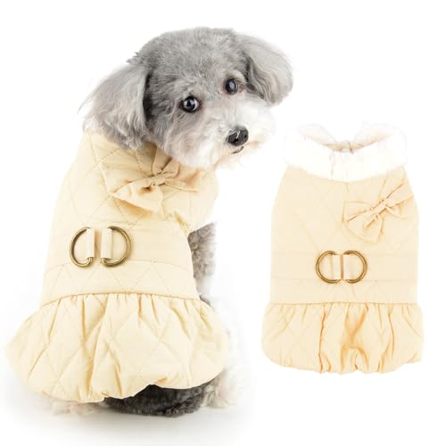 Ranphy Winter-Hundekleid für kleine Hunde, Mädchen, solider Welpenrock, Schleife, Hunde-Fleece-Mantel mit Ring für die Leine und flauschigem Halsband, kaltes Wetter, Haustierkleidung, Yorkie, von Ranphy