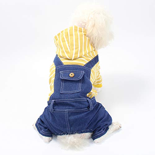 Ranvi Pet Denim Gestreifter Hund Jumpsuit Welpe Katze Hoodie Vierbeinige Kleidung Teddy Sweatshirt Jeans Overalls(Gelb, 2XL) von Ranvi