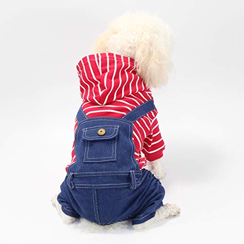 Ranvi Pet Denim Gestreifter Hund Jumpsuit Welpe Katze Hoodie Vierbeinige Kleidung Teddy Sweatshirt Jeans Overalls(Rot, 2XL) von Ranvi